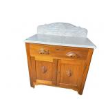 WALNUT VICTORIAN CARVED MARBLE TOP WASHSTAND