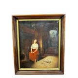19TH CENTURY OIL ON CANVAS SEATED GIRL