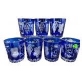 SET OF 7 BOHEMIAN COBALT CUT TO CLEAR DOUBLE OLD