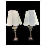 2 ORNATE GLASS AND METAL COLUMN TABLE LAMPS