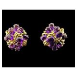 PR OF 14K YELLOW GOLD AMETHYST & DIAMOND EARRINGS