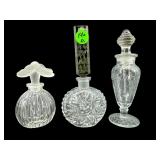 LOT OF 3 CUT CRYSTAL PERFUMES WITH STOPPERS