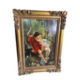 LARGE ORNATE FRAMED COURTSHIP OIL ON CANVAS