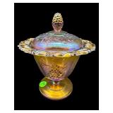 INDIANA CARNIVAL GLASS OPEN LACE CANDY DISH WITH