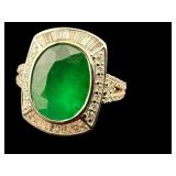 14K NATURAL GREEN EMERALD AND DIAMOND RING