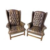 2 CHIPPENDALE BUTTON TUFTED LEATHER WINGBACK