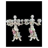 2 LARGE PORCELAIN HAND PAINTED DRESDEN CANDLEABRAS