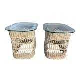 2 HENRY LINK GLASS TOP WICKER END TABLES AS IS