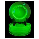 SET OF 7 SPIRAL OPTIC GREEN URANIUM SALAD PLATES