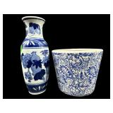 2 PC LOT BLUE AND WHITE VASE & PLANTER