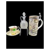 3 PC LOT OF PORCELAIN CUP/SAUCER, STEIN & CRYSTAL