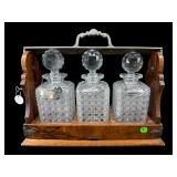CUT GLASS AND WOOD TANTALUS SET