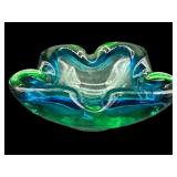 MURANO STYLE GREEN & BLUE ART GLASS ASHTRAY