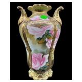 ANTIQUE HAND PAINTED PINK ROSES 2 HANDLE VASE