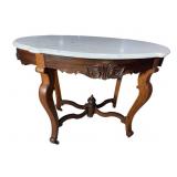 WALNUT VICTORIAN HEAVY CARVED OVAL MARBLE TOP