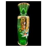 BOHEMIAN HAND PAINTED EMERALD GREEN VASE