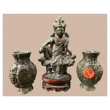 3 PC LOT ORIENTAL CARVED VASES AND BRONZE FIGURE