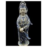 ANTIQUE GUANYIN BLUE AND WHITE PORCELAIN STATUE