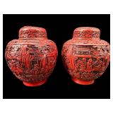 2 ORIENTAL FIGURAL CINNABAR GINGER JARS