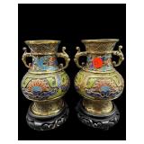 2 ANTIQUE CHAMPLEVE ENAMELED 2 HANDLE VASES ON