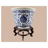 LARGE BLUE AND WHITE PORCELAIN PLANTER ON STAND
