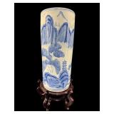 ORIENTAL BLUE AND WHITE UMBRELLA STAND ON STAND