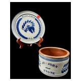 SIGNED BLUE STONEWARE BOWL AND