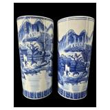 2 ORIENTAL BLUE AND WHITE PORCELAIN CYLINDER VASES