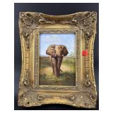 ELEPHANT PAINTING ON BOARD IN ORNATE FRAME