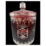 LARGE BOHEMIAN CRANBERRY CUT TO CLEAR BISCUIT JAR