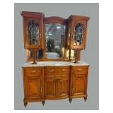 19TH CENT. LEADED GLASS MARBLE TOP SIDEBOARD