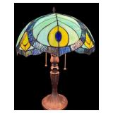 TIFFANY STYLE LEADED GLASS PEACOCK LAMP