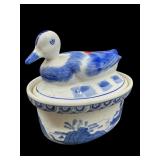 LARGE ORIENTAL PORCELAIN BLUE AND WHITE DUCK