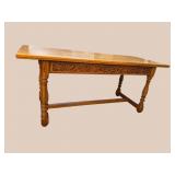 ANTIQUE OAK CARVED STRETCHER BASE HARVEST TABLE