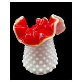 KANAWHA RED CASED MILK GLASS HOBNAIL RUFFLED VASE