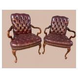 2 TUFTED LEATHER QUEEN ANNE ARM CHAIRS