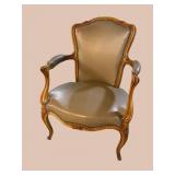 FRENCH CARVED LEATHER OPEN ARM CHAIR