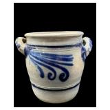 SMALL 2 HANDLE BLUE MARK STONEWARE CROCK