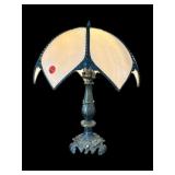 PINK SLAG GLASS TABLE LAMP WITH ORNATE METAL BASE
