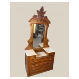 WALNUT VICTORIAN MARBLE TOP DROP CENTER DRESSER