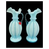 2 FENTON BLUE OVERLAY MELON RUFFLED PITCHERS