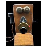 ANTIQUE OAK WALL MOUNTED HAND CRANK TELEPHONE
