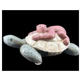 LARGE HAND CARVED OUTDOOR TURTLE WITH MONKEY