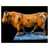 LARGE PORTUGUESE MAJOLICA GLAZED BULL SCULPTURE