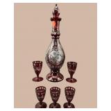6 PC RUBY BOHEMIAN ETCHED DECANTER SET
