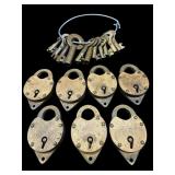 LOT OF 7 ANTIQUE RAILROAD LOCKS AND 11 KEYS
