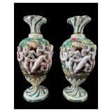 2 CAPODIMONTE HAND PAINTED CHERUB FOOTED VASES