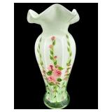 FENTON OPALINE GREEN CASED RUFFLE HAND PAINTED