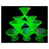 SET OF 8 SWIRLED GREEN URANIUM SHERBERT GLASSES