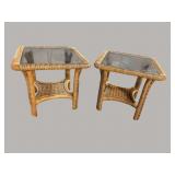 2 WICKER SMOKED GLASS END TABLES